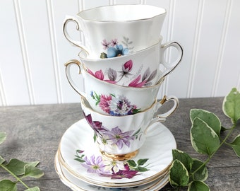 Set of 4 Mismatched Vintage China Pink Purple Blue Floral Tea Cups and Saucers, Bright Colorful Collectable Tea Set, Bridal Shower Tea Party