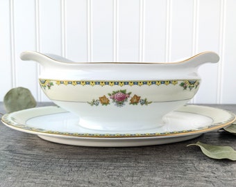 Noritake China Severy Gravy Boat with Attached Plate, Vintage Hand Painted Yellow Blue Pink China Gravy Boat, Thanksgiving Tableware