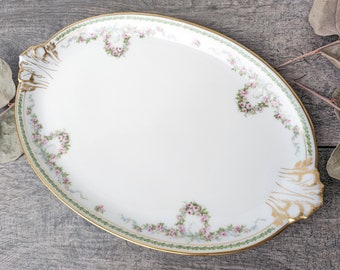 Vintage CH Field Haviland Limoges GDA France Schleiger 1341 Oval Serving Platter, Pink and Green Wreath Hand Painted China Serving Tray