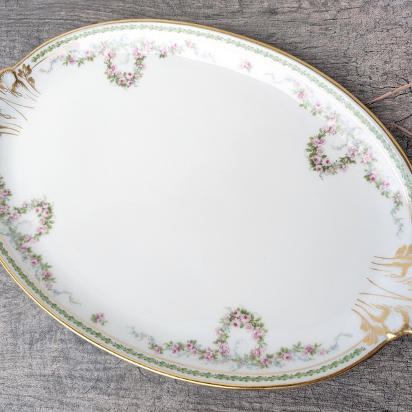 Vintage CH Field Haviland Limoges GDA France Schleiger 1341 Oval Serving Platter, Pink and Green Wreath Hand Painted China Serving Tray