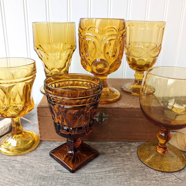 Set of 6 Amber Mismatched Vintage Glass Goblets, Amber Eclectic Boho Wedding Goblets, Yellow Mixed Goblets, Shabby Chic Wedding Glasses