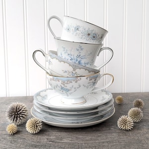Set of 4 Mismatched Vintage Blue and White Tea Cups and Saucers, Blue Themed Tea Cups, Bridal Shower Tea Party Supplies, High Tea Party