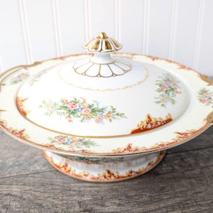 Vintage Red China Covered Serving Bowl, Noritake Dudley Round Vegetable Bowl with Lid, Bridal Shower China, Christmas China, Casserole Dish