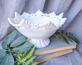 Vintage Westmoreland White Milk Glass Ring and Petal Crimped Fluted Pedestal Bowl, Milk Glass Fruit Bowl, Candy Dish, Wedding Treat Table