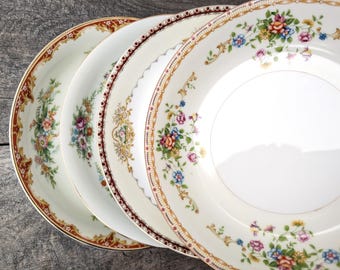 Vintage Red Soup, Cereal, or Salad Bowls Set of 4, Colorful Floral Cottage Kitchenware, Boho Shabby Chic Wedding China, Bridal Shower China