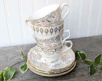 Set of 4 Mismatched Vintage Shiny Gold Gilt Floral Tea Cups and Saucers, Bridal Shower Tea Party Supplies, High Tea Party, Garden Tea Party