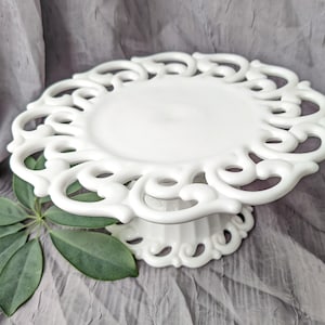Vintage Fostoria Monroe White Milk Glass Cake Stand, Wedding Dessert Table Treat Display, White Wedding Cake Stand, MCM Unique Dessert Stand