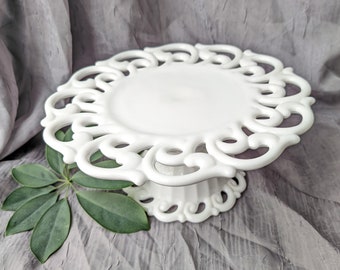 Vintage Fostoria Monroe White Milk Glass Cake Stand, Wedding Dessert Table Treat Display, White Wedding Cake Stand, MCM Unique Dessert Stand