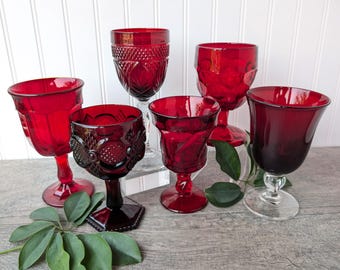 Set of 6 Mismatched Red Ruby Vintage Glass Goblets, Boho Shabby Chic Wedding Goblets, Cottage Kitchen Glassware, Romantic Dinner Goblets