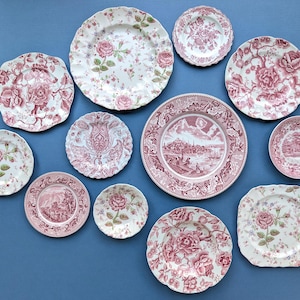 Vintage Red (Pink) Transferware Plate Wall Collection, Farmhouse Wall Decor Plate Display, Dish Gallery Wall, Cottage Mismatched Plates