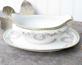 Vintage CH Field Haviland Limoges GDA France Schleiger 1341 Gravy Boat with Separate Plate, Pink and Green Hand Painted China Gravy Boat