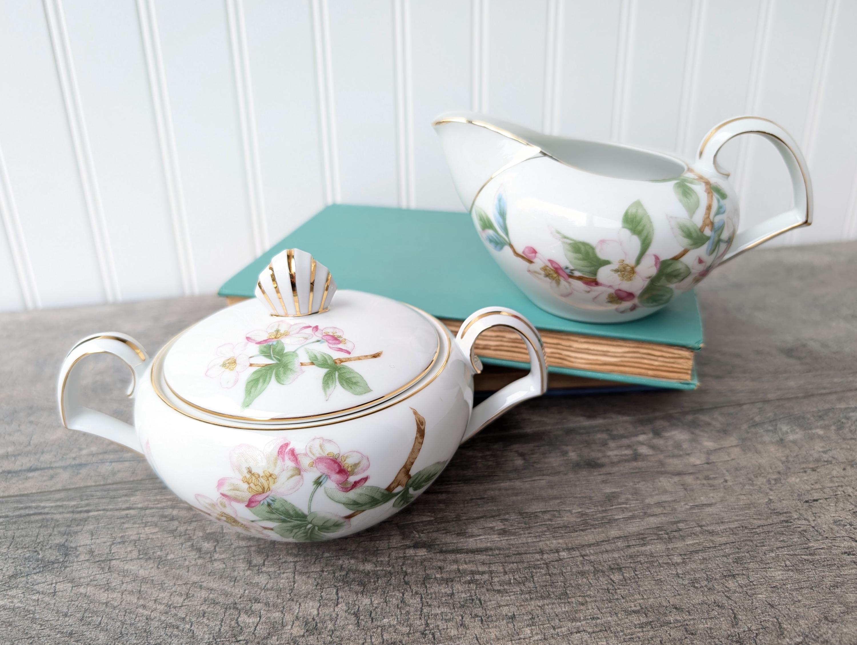 Narumi Mountain Cherry Creamer and Sugar Bowl with Lid, Vintage Pink Cherry Blossom China, Pink Tea Party Supplies, Spring Cherry Blossoms