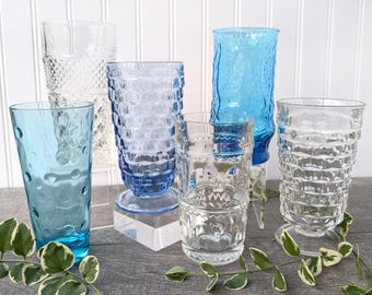 Set of 4 Vintage Cyan Blue, Clear Glass Tumblers, Colorful Boho Wedding Goblets, Multicolor Mismatched Glasses, Eclectic Retro Kitchen Glass