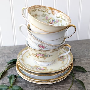 Set of 4 Mismatched Vintage Golden Yellow Floral Tea Cups and Saucers, Bridal Shower Tea Party Supplies, High Tea Party, Garden Tea Party