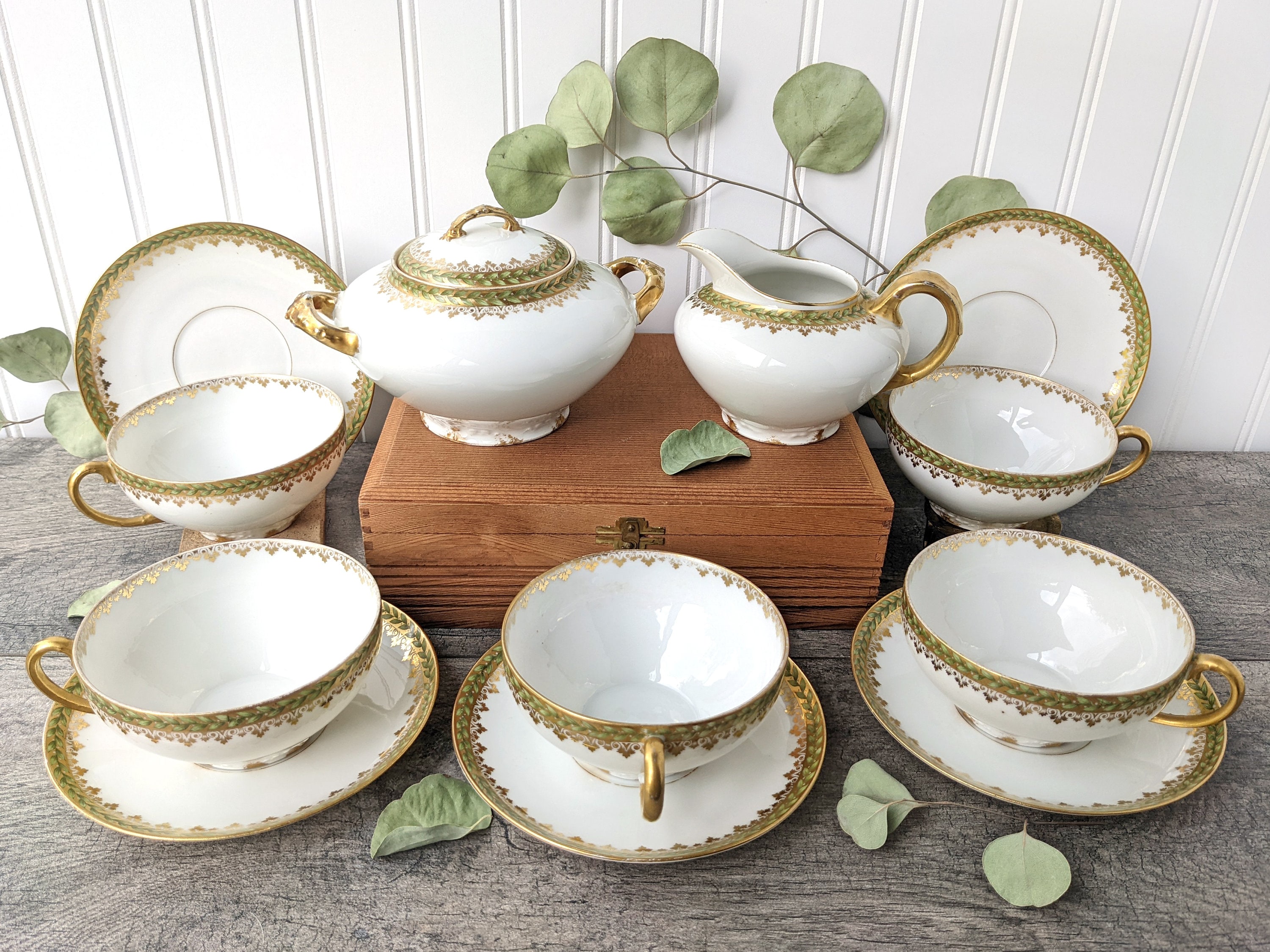 Vintage Empire Wreath Gold and Green Tea Set by CH Field Haviland