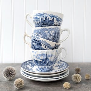 Set of 4 Mismatched Vintage Blue and White Transferware Tea Cups and Saucers, Blue Tea Cups, Bridal or Baby Shower Tea Party, High Tea Set