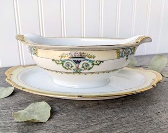 Noritake China Minaret Gravy Boat with Attached Plate, Yellow Trim Green and Blue Scrolls, Vintage Hand Painted China Gravy Boat, Cottage