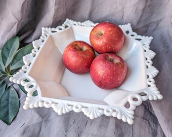 Vintage Westmoreland White Milk Glass Ring and Petal Unique Square Bowl, Milk Glass Fruit Bowl, Candy Dish, Wedding Treat Table, Centerpiece