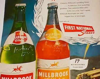 1951 MILLBROOK Club Soda First National Stores Beverage Magazine Print Ad Authentic Advertisement, Starfish, Lobster Trap
