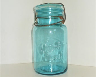 Vintage Blue Quick Seal Canning Jar, Aqua Blue Glass, #2, Quart Canning Jar, Wire Bale, Farmhouse, Country, Colonial, Primitive Shelf Decor