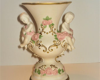 Cherubs of Love Vase, Vintage Hand Painted Fine Porcelain, Gold Trimmed Embossed Roses Vines / Valentine's Day Table Accent