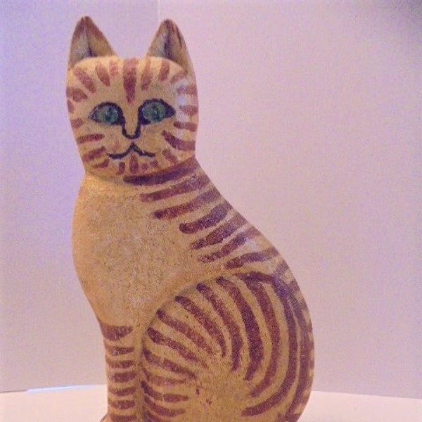 11" Tall Wood Tabby Cat Signed Figurine, Vintage Folk Art Style Sitting Cat Sculpture, Tabby Cat Wood Carving