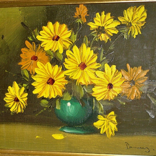 Signed Still Life Painting in Vintage Wood n Velvet Frame - Cheery, Spring Bright Yellow Colors