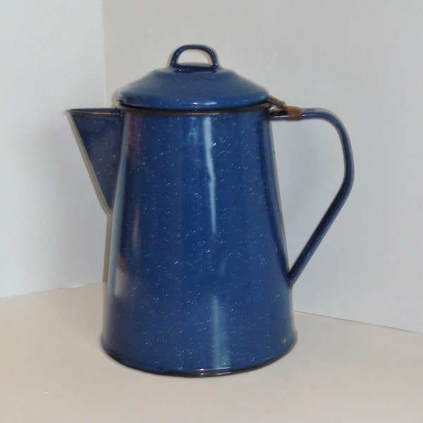 Blue and White Speckled Enamelware Coffee Pot, Hinged Lid, Stovetop Pot, Camping Pot, Blue Kitchenware, Farmhouse Country Cabin Lodge