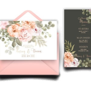 Könnte beinhalten: Hochzeits-Einladungssuite mit floralem Thema. Die Einladung zeigt ein Pfirsich- und Weißblüten-Design mit Grün. Die RSVP-Karte, die Dankeskarte und die Speisekarte zeigen alle das gleiche Blumenmuster. Die Tischkarten zeigen ein Pfirsich- und Weißblüten-Design mit Grün und die Nummer 05.