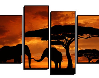 Wild Safari Elephants, African Safari Elephants Wall Art, Sunset Wall Art Imprimable, Animal for Office Home Decor, Animal Wall Art Prints