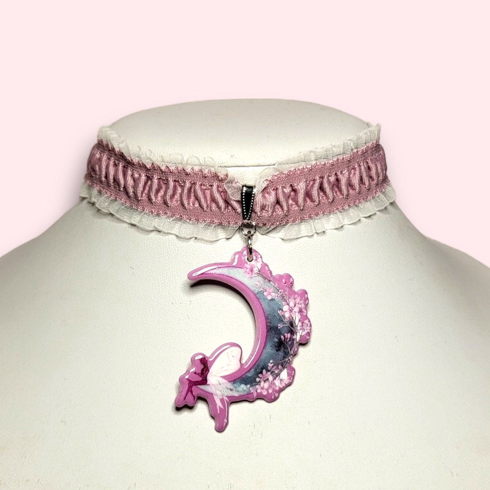 Pastel Goth Choker Lilac Moon Roses Bell Chains Bow Lolita Black Velvet  Necklace Collar Jewelry 