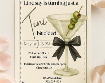 Een oudere Tini Bit-verjaardagsuitnodiging | Bewerkbare martini-feestuitnodiging | Elegante 30e verjaardag-sjabloon | Afdrukbaar cocktailthema voor volwassenen
