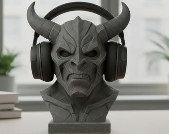 Cyber Demon Headphone Stand, 3D Printed Cyberpunk Bust Headset Holder