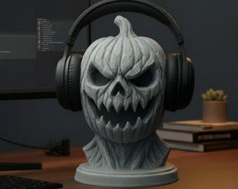 Headphone Stand Pumpkin Skull, 3D Printed Halloween Decor, Gothic Desk Organizer