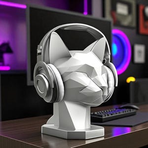 Polygon Cat Headphone Stand, Modern 3D Printed Gamer Ornament
