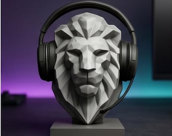 Busto de león con soporte para auriculares, impresión 3D de baja poli, decoración geométrica para escritorio de juegos