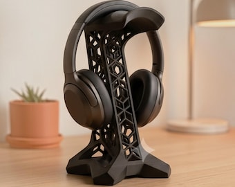 Geometric Headphone Stand, 3D Printed Lattice, Black Desk Dock for Studio Headphones