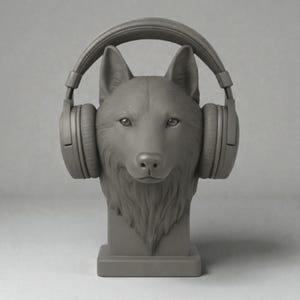Può includere: Scultura a forma di testa di lupo grigio con cuffie grigie. Il lupo ha dettagli di pelliccia ed è montato su una base rettangolare. Le cuffie sono di tipo over-ear e la scultura è un design monocromatico.