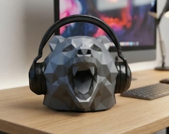 Soporte para auriculares con forma de oso de polígono bajo, escultura de escritorio, decoración moderna para el hogar y la oficina.