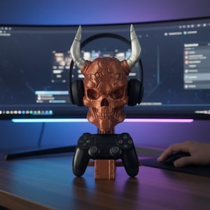 3D-utskriven Cyber Skull-headsethållare med kontrollenhet, koppar, silver, metallic finish