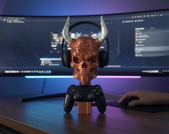 3D Printed Cyber Skull Headset Stand Controller Holder Copper Silver Metallic Finish