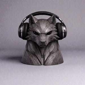 Puede incluir: Una escultura de cabeza de lobo gris tallada, con auriculares negros. La escultura tiene un diseño geométrico y ojos oscuros. Los auriculares son negros con detalles plateados. Es un objeto decorativo.