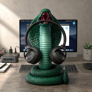 May include: A green cobra-shaped headphone stand with a red mouth, holding black JBL headphones. The stand is on a desk with a computer, keyboard, and mouse. A unique desk accessory.