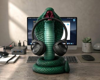 3D-geprinte King Cobra-koptelefoonhanger, metallic groen PLA, 36 cm