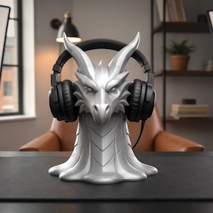 Drakhuvud hörlursstativ, headsethållare för spelrum, fantasy gotisk 3D-utskriven modell
