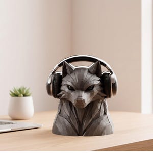 Geometric Wolf Headphone Stand, 3D Printed Gaming Desk Organizer, Headset Holder