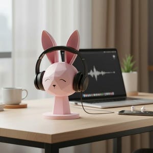 Geometric Bunny Headphone Stand, Kawaii Gaming Desk Decor, Gift for Gamers