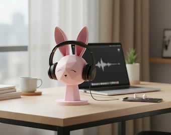 Geometric Bunny Headphone Stand, Kawaii Gaming Desk Decor, Gift for Gamers