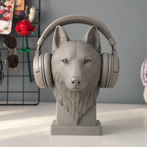 Wolf Headphone Stand, 3D Printed Animal Bust Desk Decor