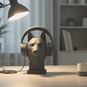 May include: A gray wolf head sculpture wearing gray headphones, resting on a desk. A black desk lamp and a white and gray mug are also on the desk. A potted plant and a bookshelf are in the background.